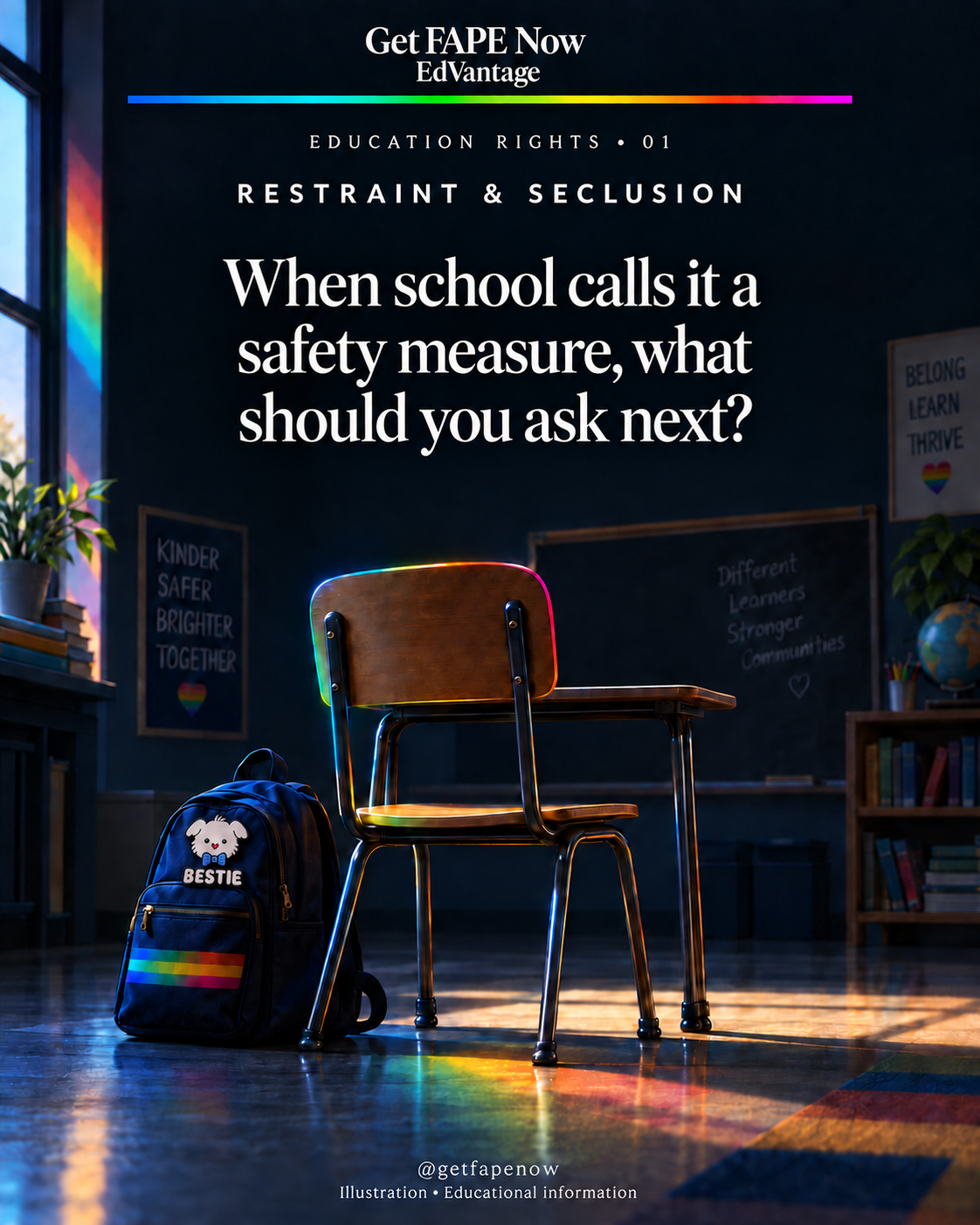 Empty classroom chair and blue backpack with BESTIE puppy decoration. When school calls it a safety measure, what should you ask next?